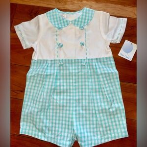NWT Petit Ami Aqua Blue and White Checkered Baby Romper with Collar